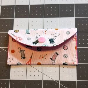 Gift Card Holder Reusable Lined Sewing Print Fabric Washable Light Pink Snap